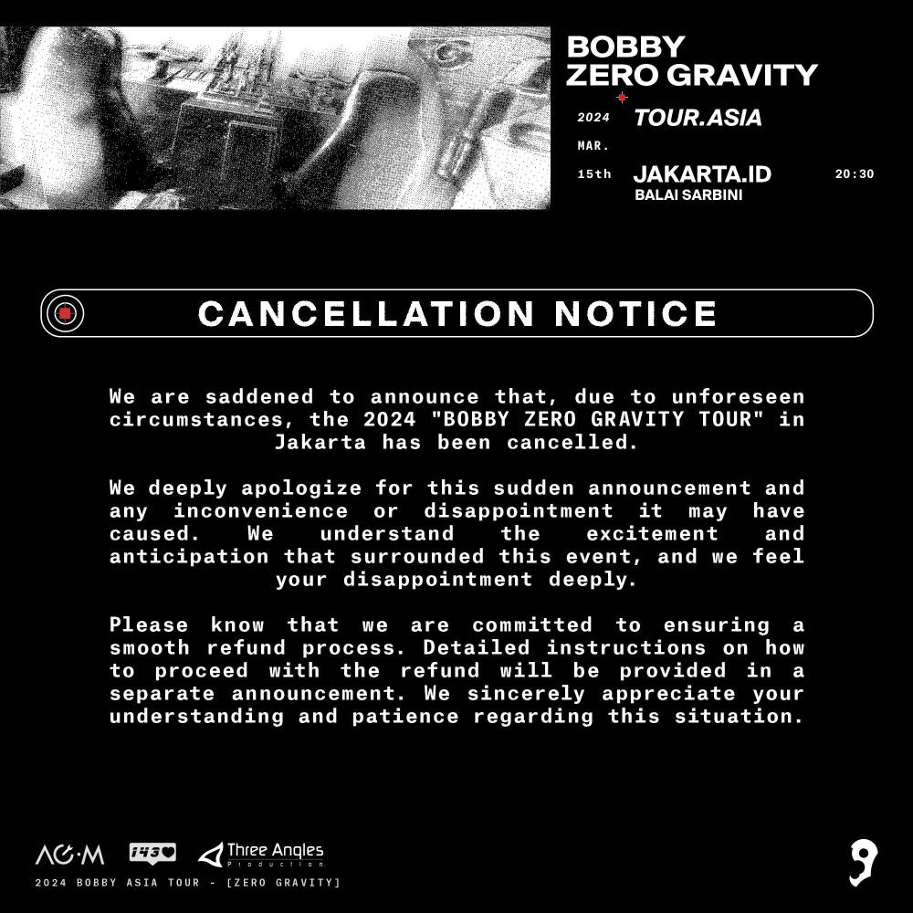 Pengumuman Pembatalan Konser Bobby “Zero Gravity” di Jakarta
