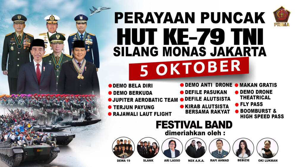 Slank, Dewa 19, Ari Lasso dan NDX Aka akan Meriahkan Pesta Rakyat HUT TNI ke-79 di Silang Monas, Jakarta