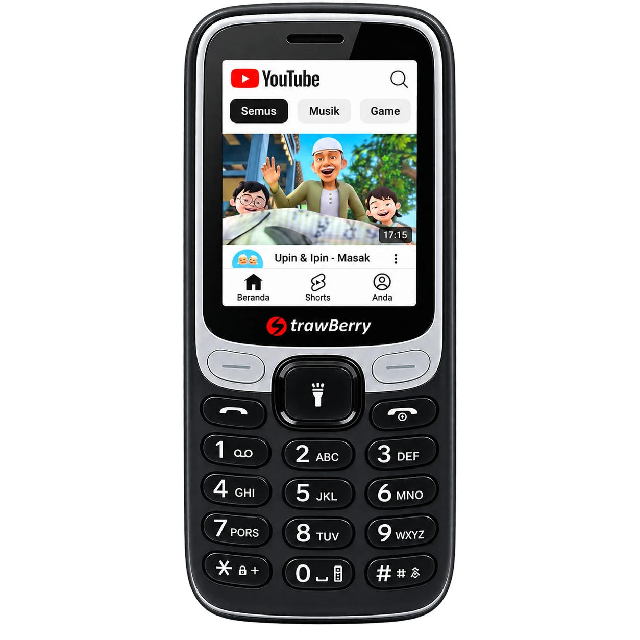 STRAWBERRY ST100 menampilkan YouTube di layar ponsel keypad