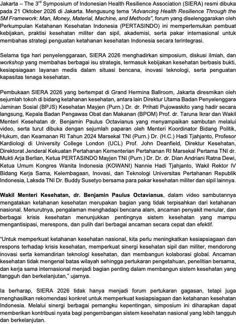 SIERA III 2026: PERTASINDO Bahas Ketahanan Kesehatan Lewat 5M SIERA III 2026: PERTASINDO Bahas Ketahanan Kesehatan Lewat 5M